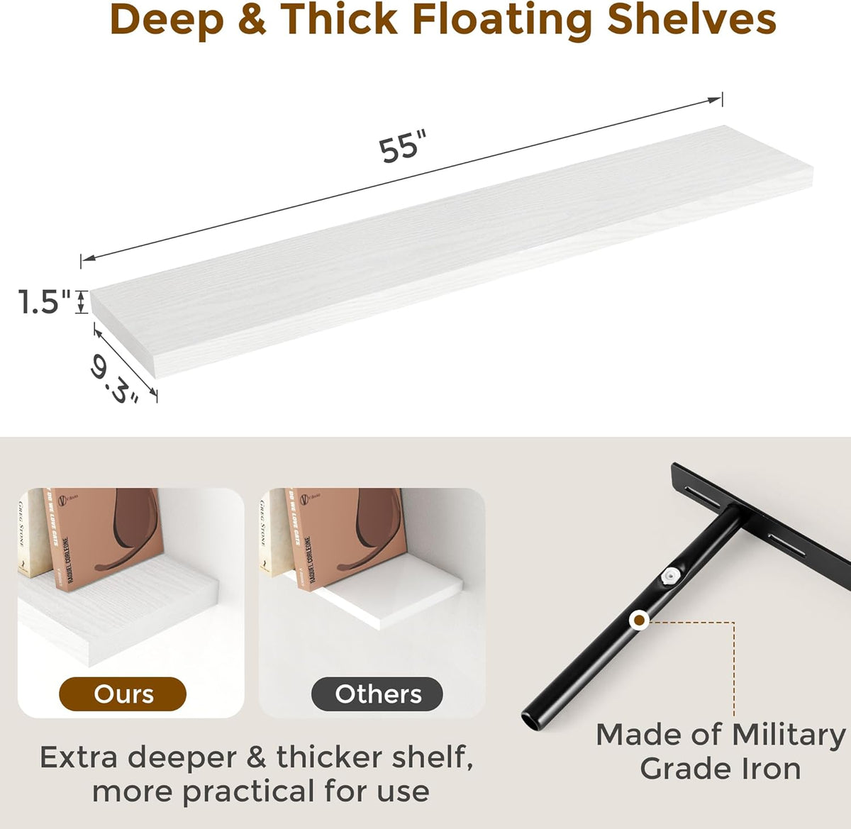 Fun Memories Floating Shelves 55 Inch Set of 2, White 55 x 9 Wall Shelves for Home Decor Storage