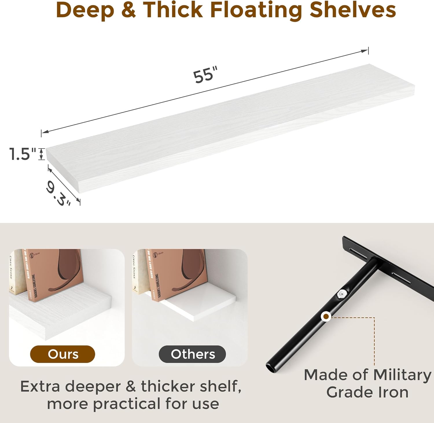 Fun Memories Floating Shelves 55 Inch Set of 2, White 55 x 9 Wall Shelves for Home Decor Storage