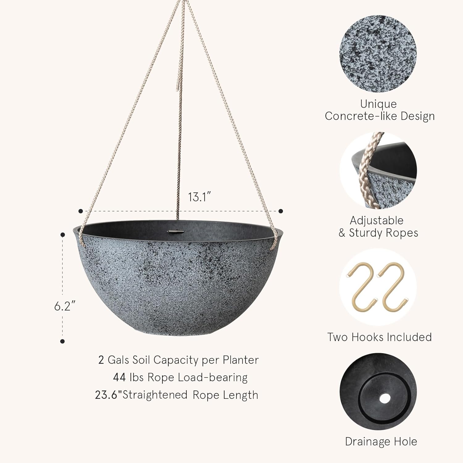 LA JOLIE MUSE Large Hanging Planters for Outdoor Plants - 13 Inch Hanging Flower Pots with Drainage