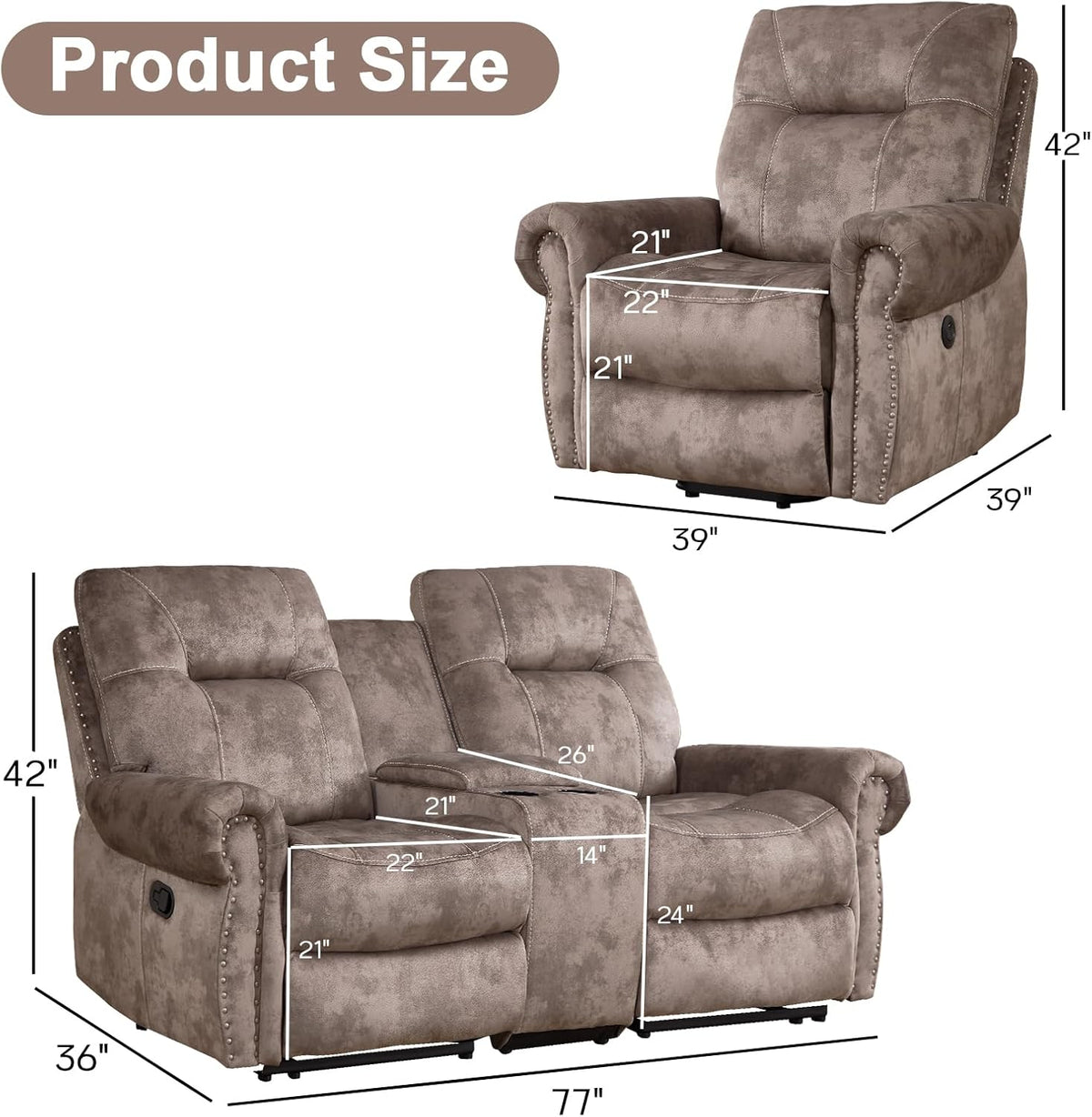 EBELLO 2 Pieces Reclining Couch Furniture Set for Living Room, 1 Seat Power Recliner Chair and a