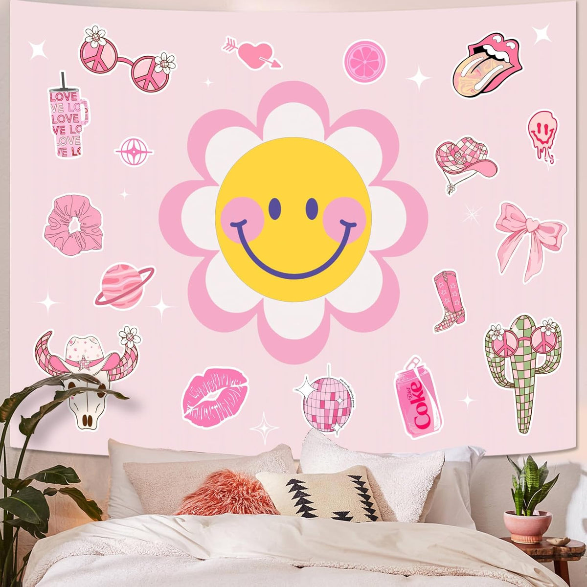 Lunerfex Y2K Tapestry Pink Sun Wall Tapestry, Cute Tapestries for Bedroom Funny Tapestries Wall