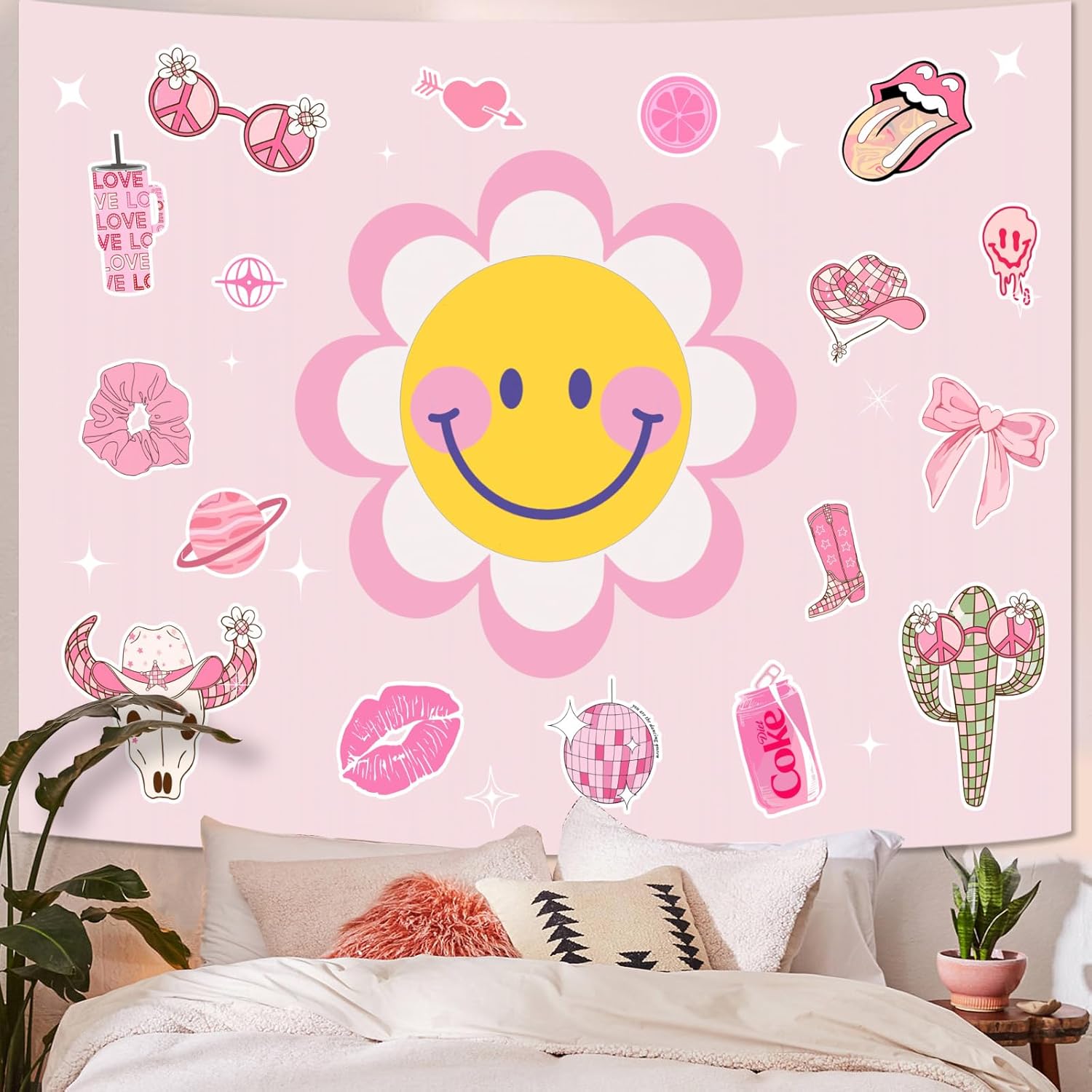 Lunerfex Y2K Tapestry Pink Sun Wall Tapestry, Cute Tapestries for Bedroom Funny Tapestries Wall