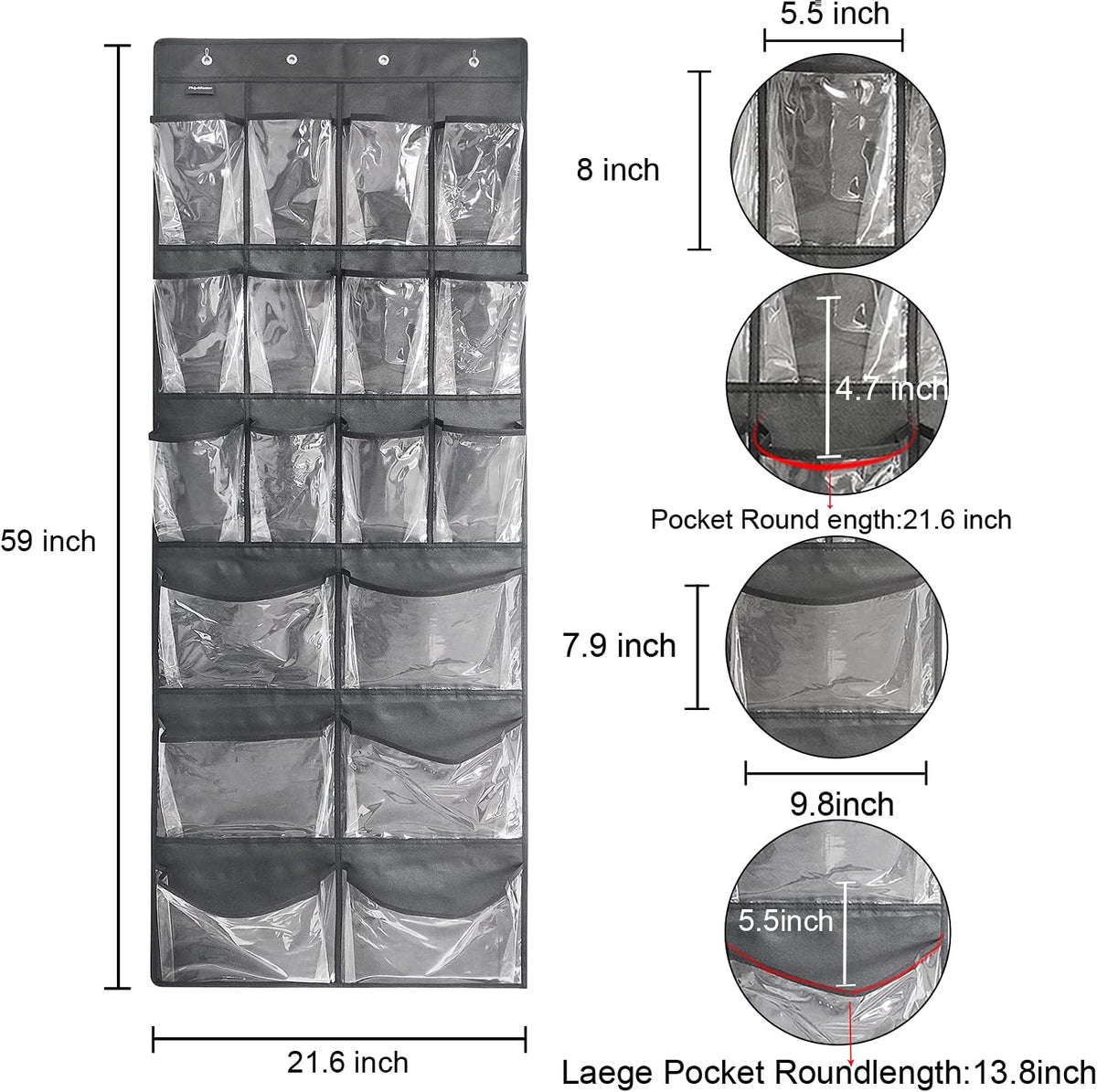 Extra Large Hanging Over Door Shoe Organizer, Closet Shoe Rack - 12+6 Crystal Pockets, 4 Hooks