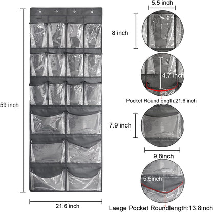 Extra Large Hanging Over Door Shoe Organizer, Closet Shoe Rack - 12+6 Crystal Pockets, 4 Hooks