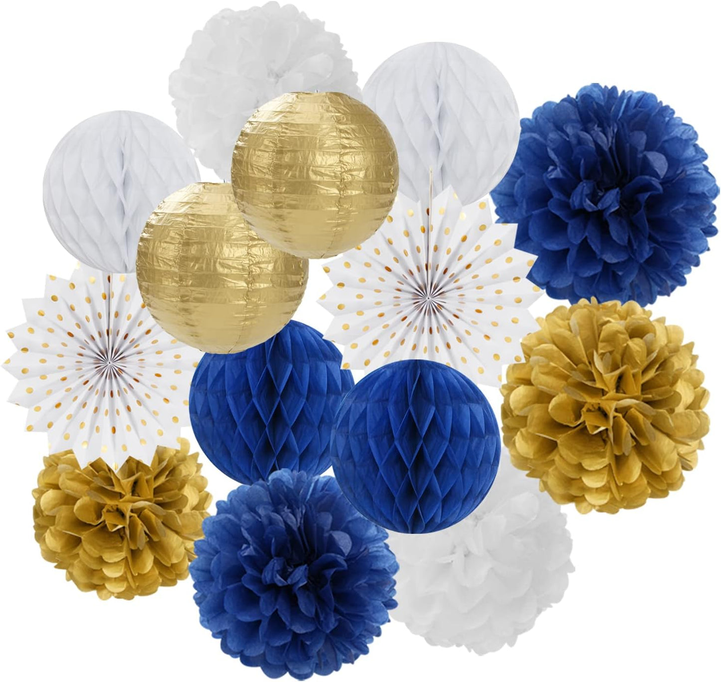 Navy-Blue White Gold Party Decorations - 14pcs Kits Paper Lanterns Fan,Tissue Flower Pom Poms