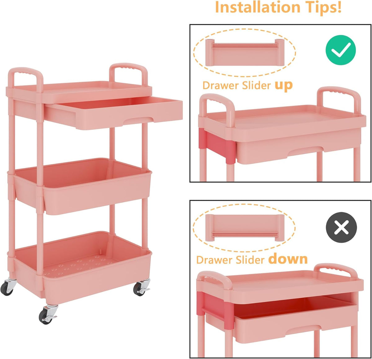 Calmootey 3-Tier Rolling Utility Cart with Drawer,Multifunctional Storage Organizer with Plastic