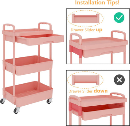 Calmootey 3-Tier Rolling Utility Cart with Drawer,Multifunctional Storage Organizer with Plastic