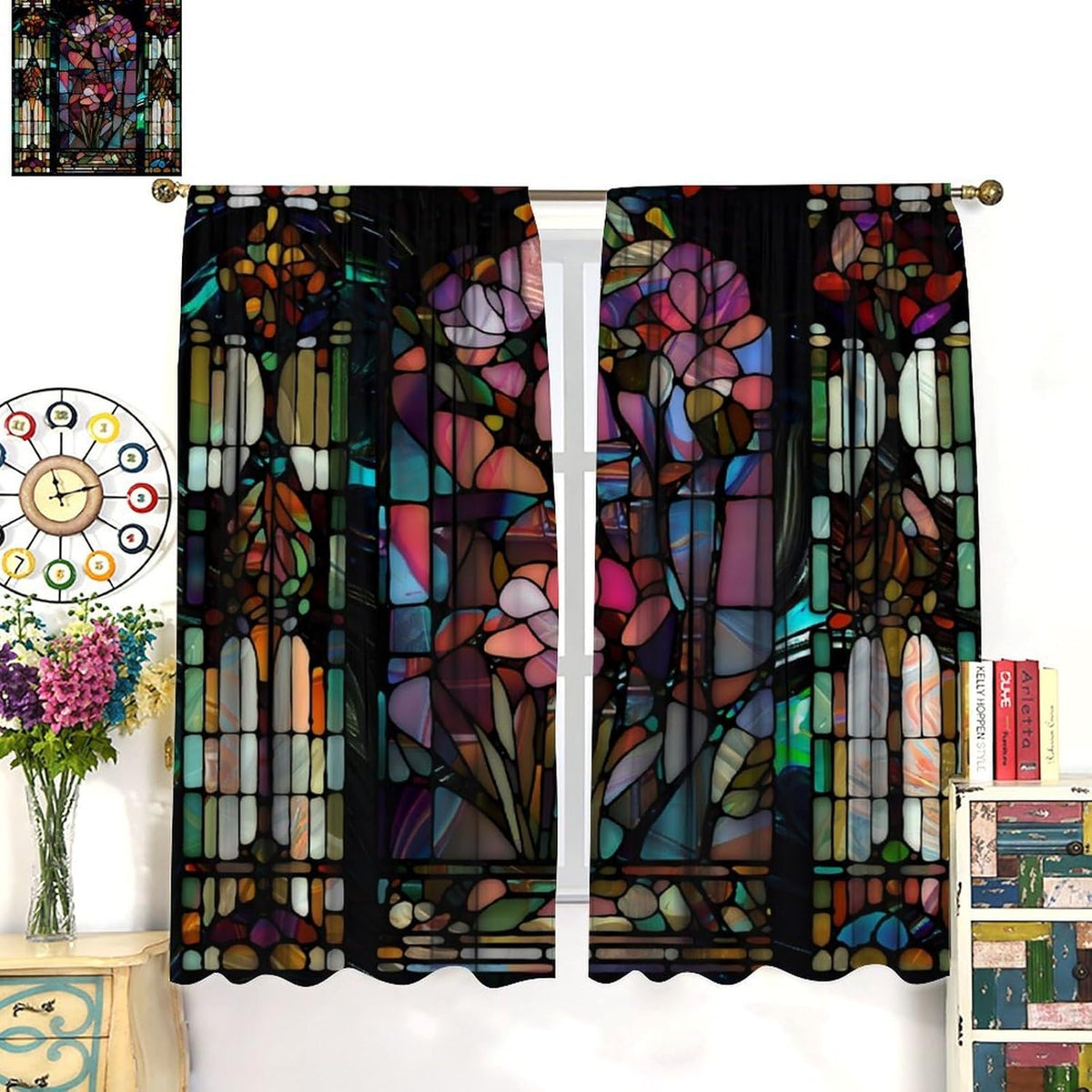 Stained Glass Curtains,Vintage Colorful Abstract Art Home Decor Drapes for Bedroom Living Room