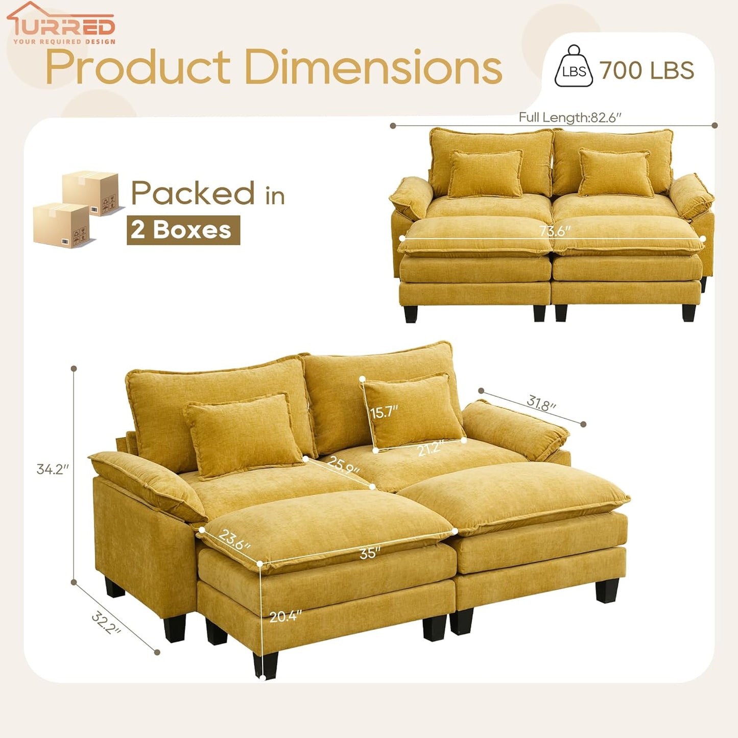 URRED Modular Sectional Sofa Comfy Cloud Couch, Modern Chenille Sofa Sleeper Deep Seat Couches with