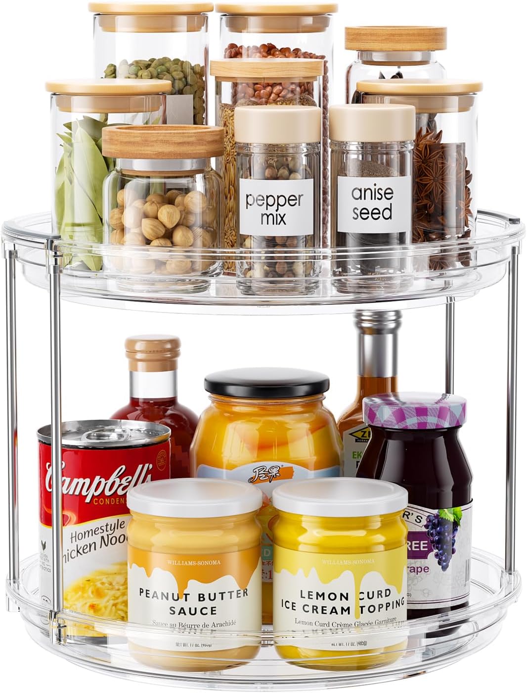 2 Tier Lazy Susan Organizer, 9.25'' Lazy Susan Turntable for Cabinet, Stackable Turntable Organizer