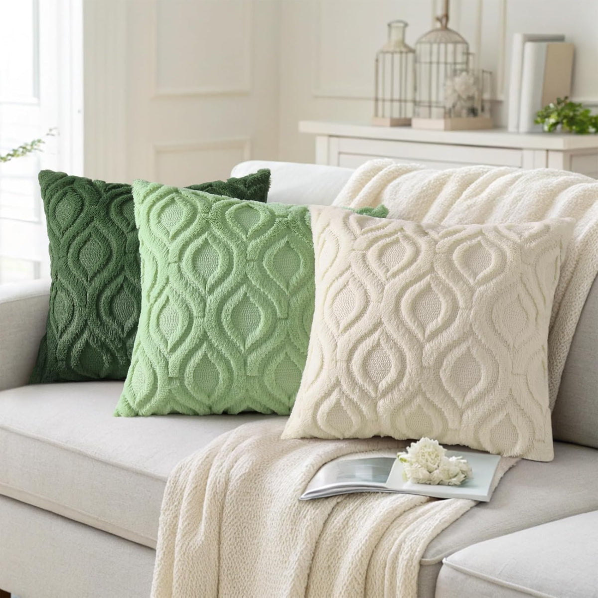 decorUhome Throw Pillow Covers 20x20 Inch Set of 2, Soft Plush Decorative Faux Fur Sage Green Solid