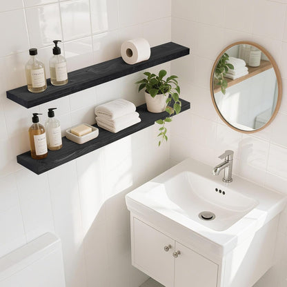 Floating Wall Shelves 2-Pack - 36-Inch Rustic Black Wooden Shelves for Storage and Décor, Easy