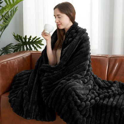 Amélie Home Faux Fur Throw Blanket for Couch, Cozy Fuzzy Fluffy Fur Luxurious Soft Striped Plush