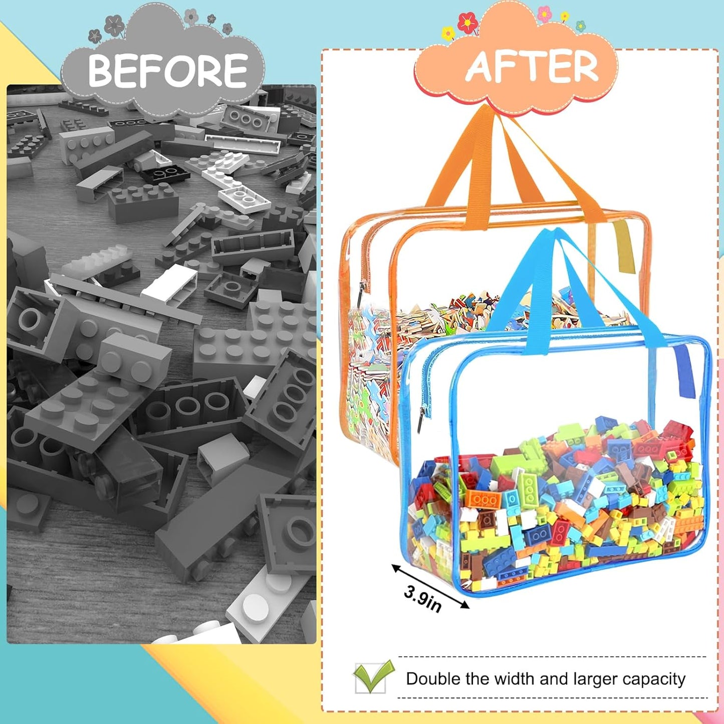 OPELETNNT 6 Color Large Toy Storage Bags with Labels, Reusable Clear PVC Board Game Storage, Travel