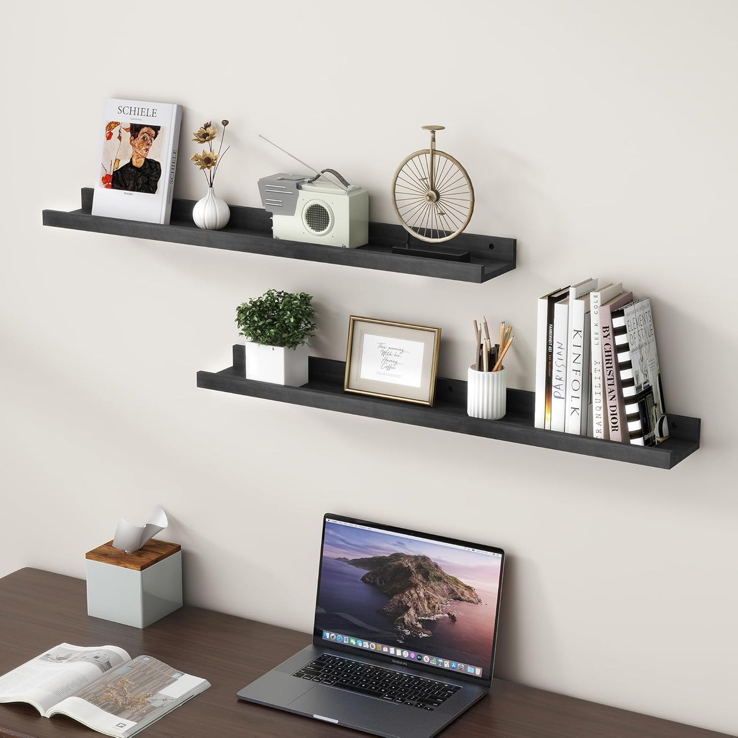 Picture Ledge Shelf for Wall, 36 inch Solid Pine Wood Nursery Book Shelves 2 Packs, Floating Ledge
