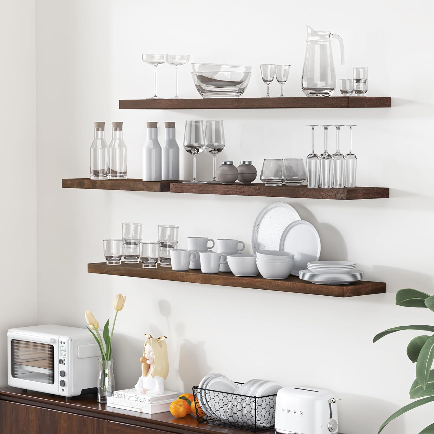 Fun Memories Floating Shelves for Wall, 24"x9.3" Rustic Solid Elm Wood Shelves, Heavy-Duty Wall