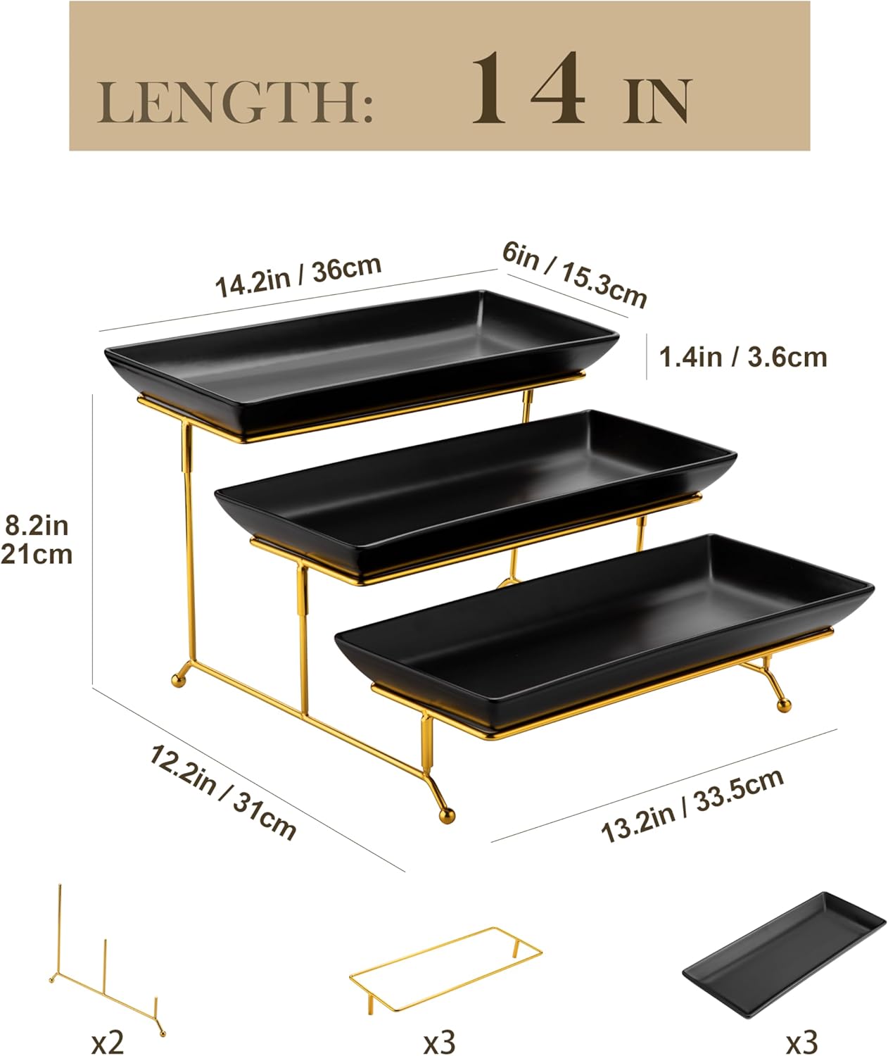 MALACASA 3 Tier Serving Trays for Party, 14 Inch Porcelain Black Trays for Serving Food, Dessert