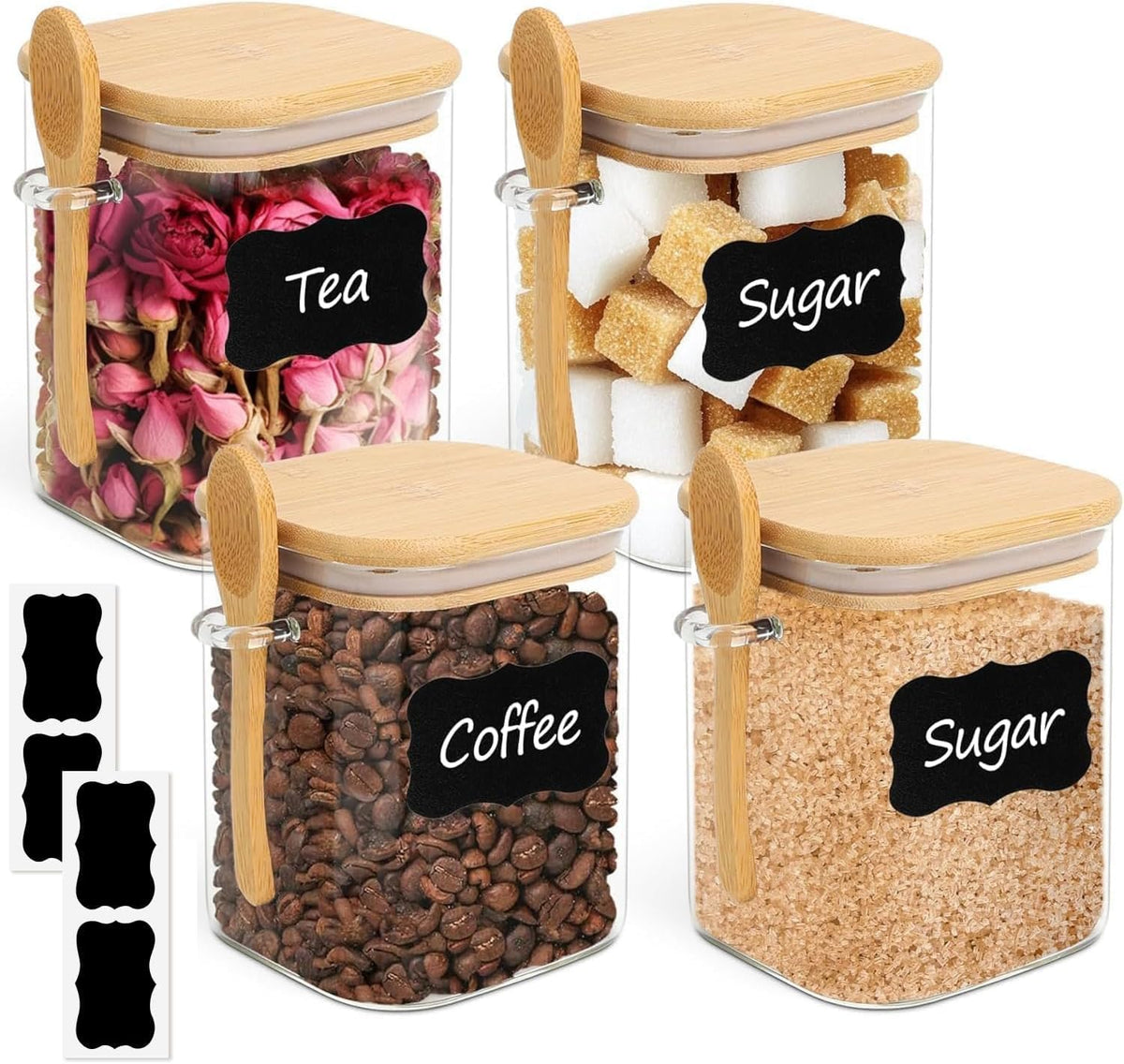 ComSaf 0.8 Qt Glass Jars with Bamboo Lids & Spoons Set of 4, Square Glass Containers with Lids
