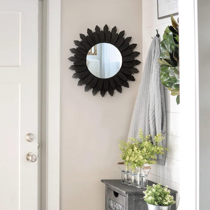 Honiway Black Wall Decor Wall Mirror 12 inch Boho Wall Decor Wood Decorative Mirror for Room Decor
