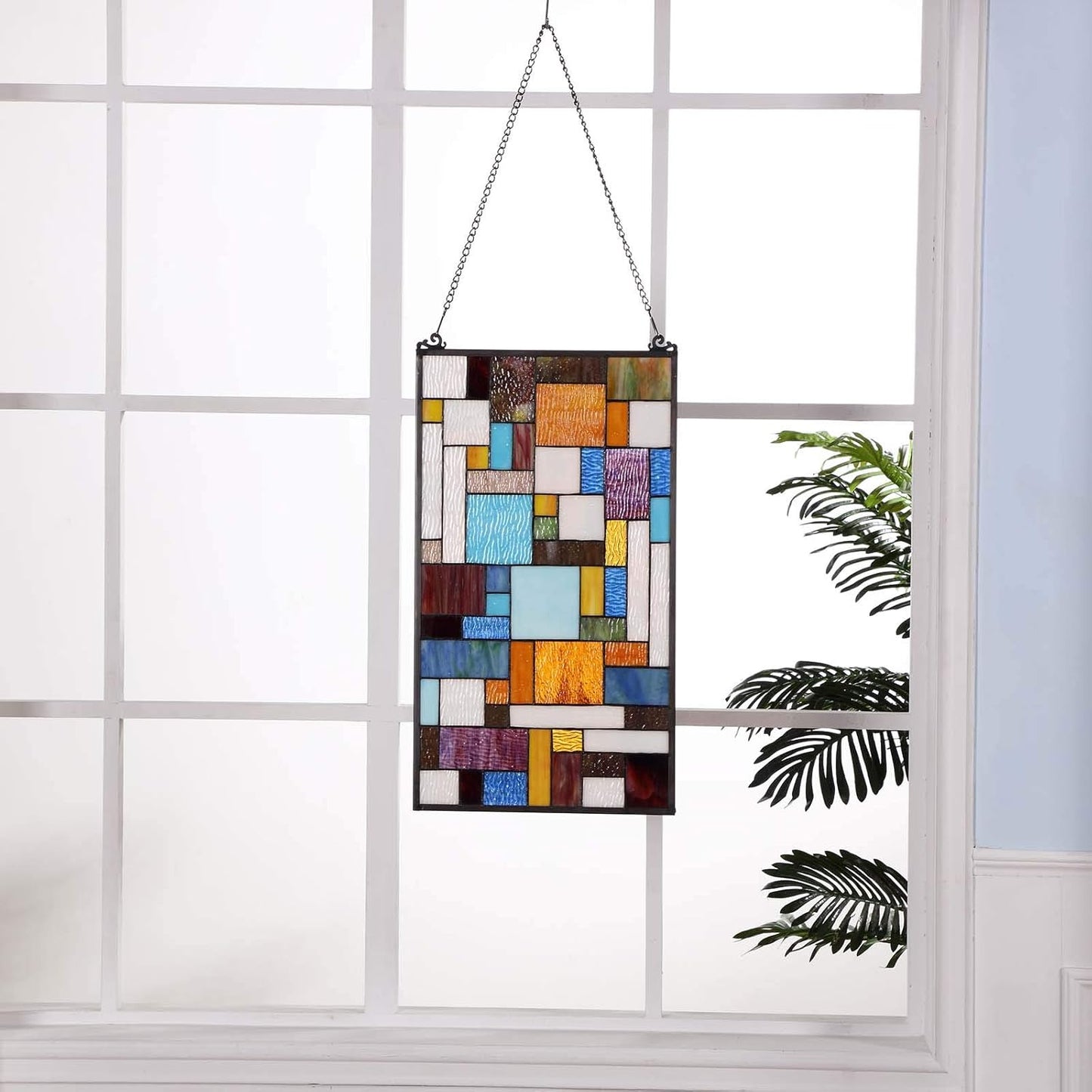 Bieye Geometric Color Block Tiffany Style Stained Glass Window Panel with Hanging Chain (13x24