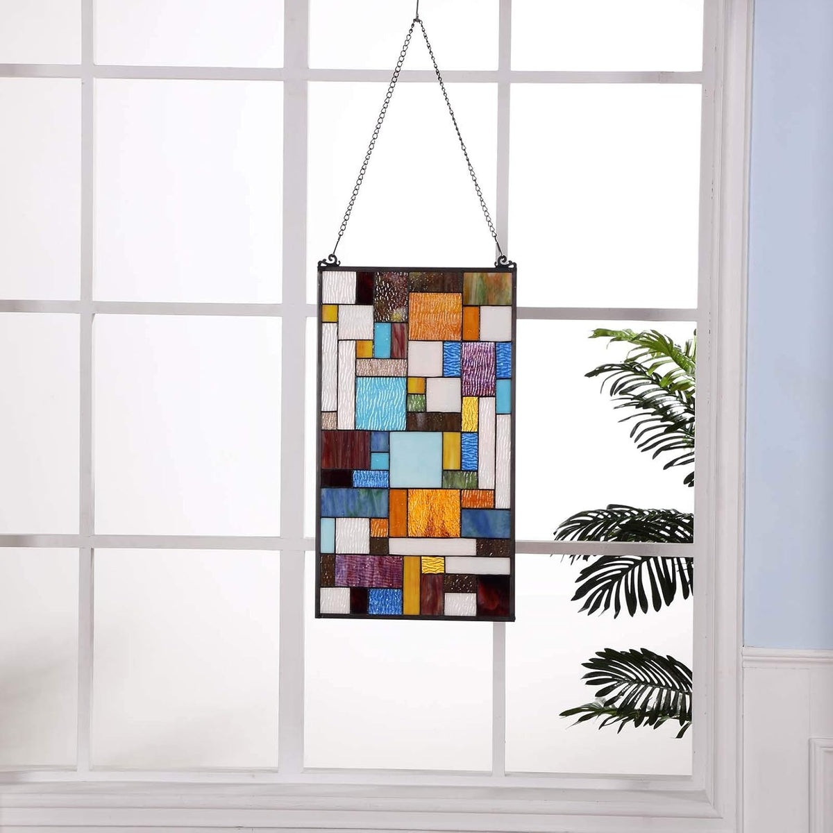 Bieye Geometric Color Block Tiffany Style Stained Glass Window Panel with Hanging Chain (13x24