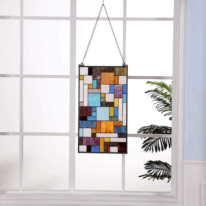 Bieye Geometric Color Block Tiffany Style Stained Glass Window Panel with Hanging Chain (13x24