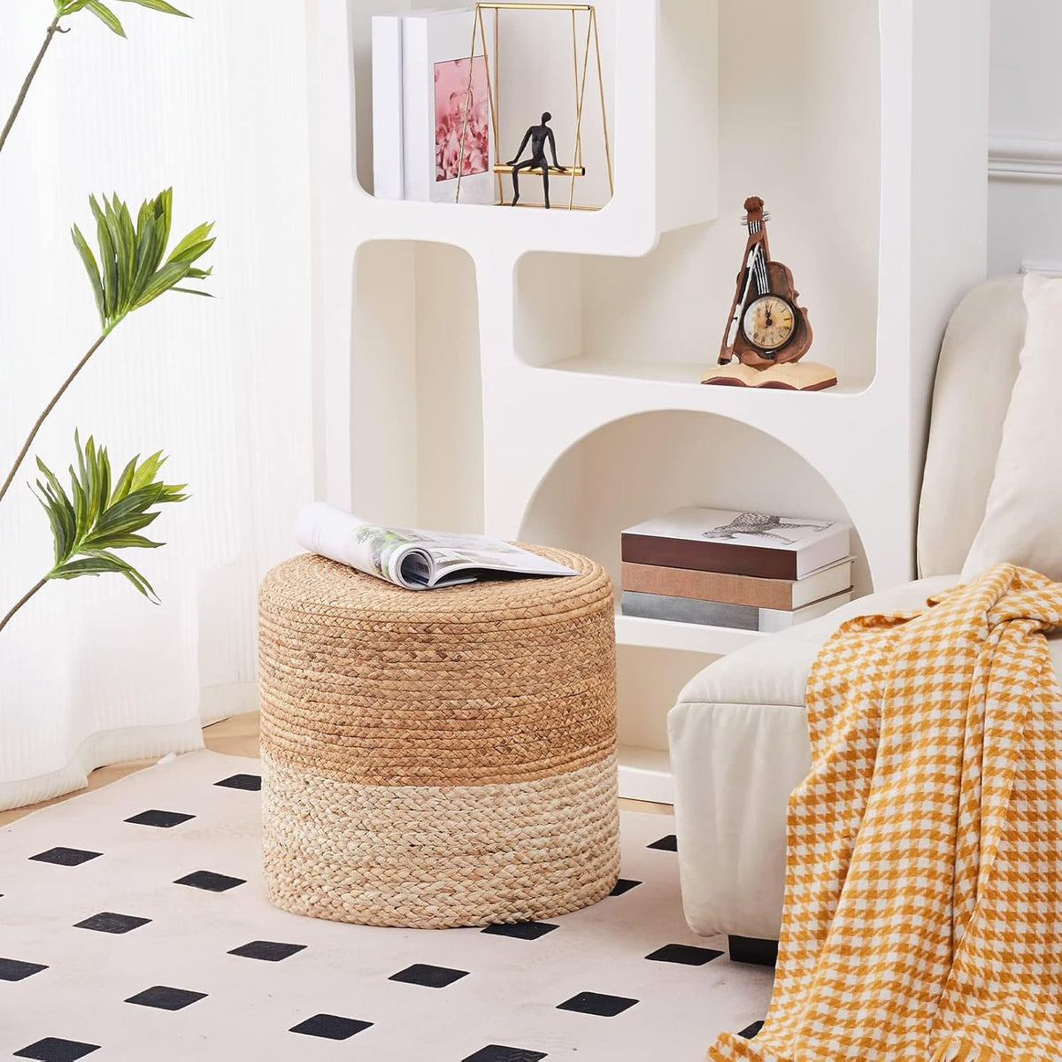Wimarsbon 18'' Pouf Ottoman, Natural Braided Poof, Round Poufs, Rustic Handweave Lounge Pouffe