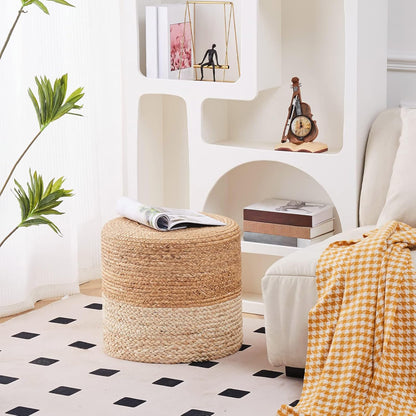 Wimarsbon 18'' Pouf Ottoman, Natural Braided Poof, Round Poufs, Rustic Handweave Lounge Pouffe