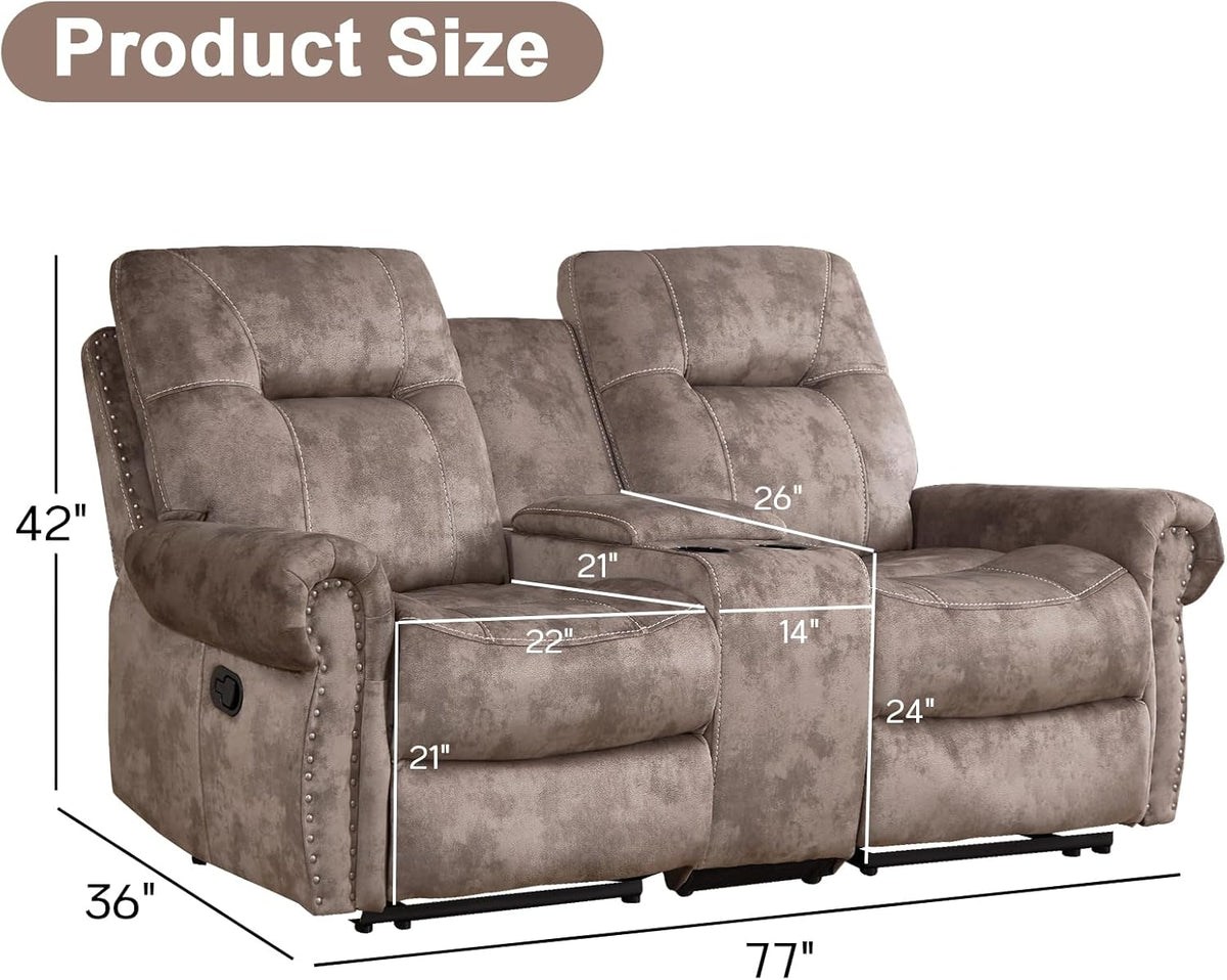 EBELLO Manual Recliner Loveseat Sofa, 2 Seater Reclining Couch Chair with Center Console, Hidden