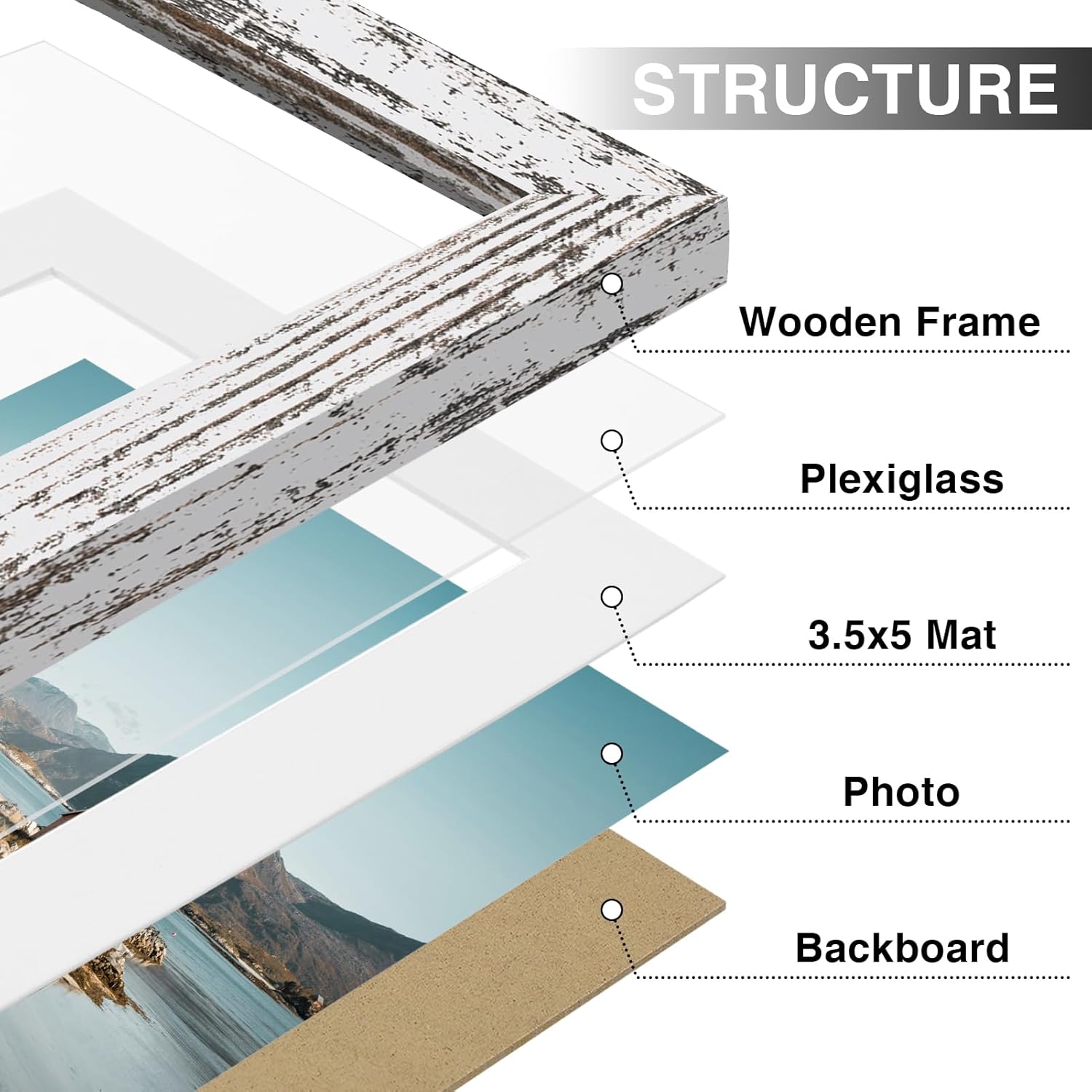 Vittanly 4x6 Picture Frames Set of 9, Shatter Resistant Plexiglass, Display 3.5x5 Pictures with Mat