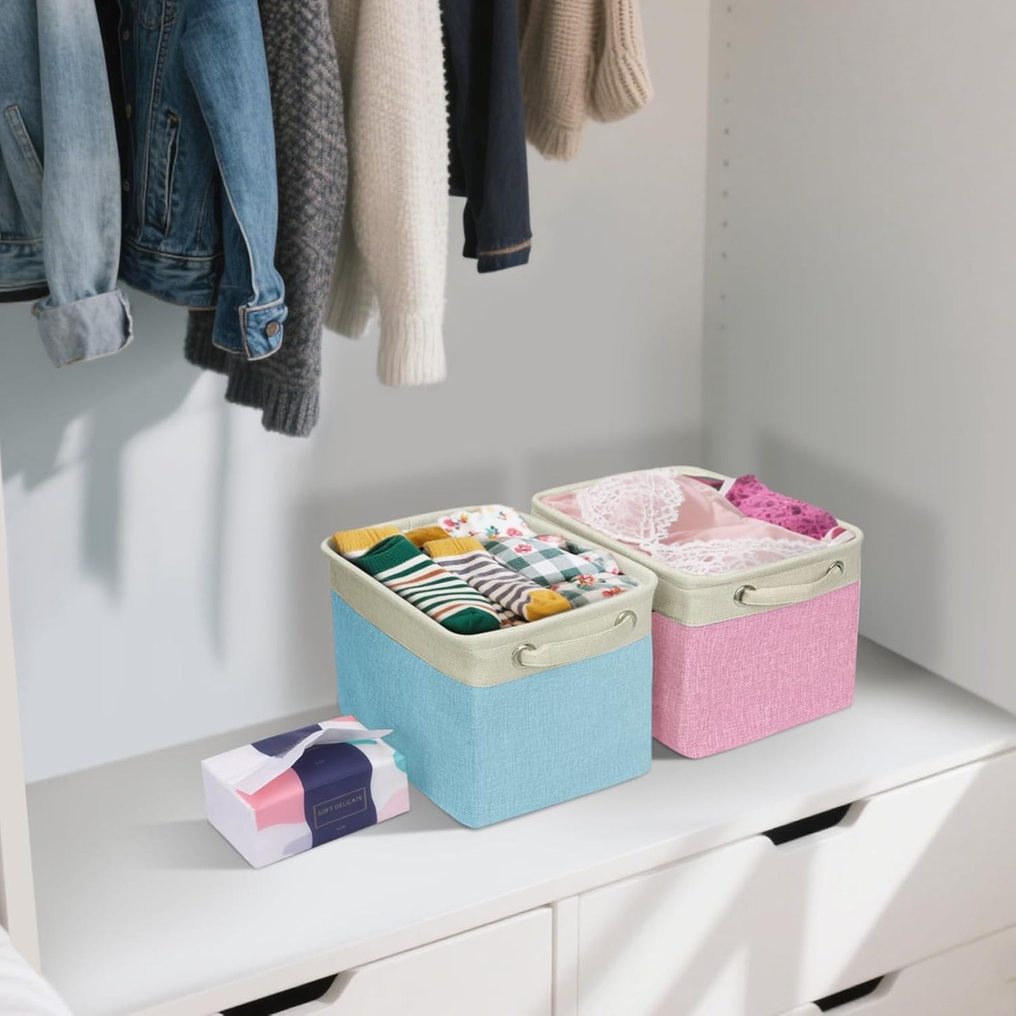 BALEINE 2 Pack Fabric Storage Bins for Shelves, Linen Storage Baskets for Organizing, Decorative