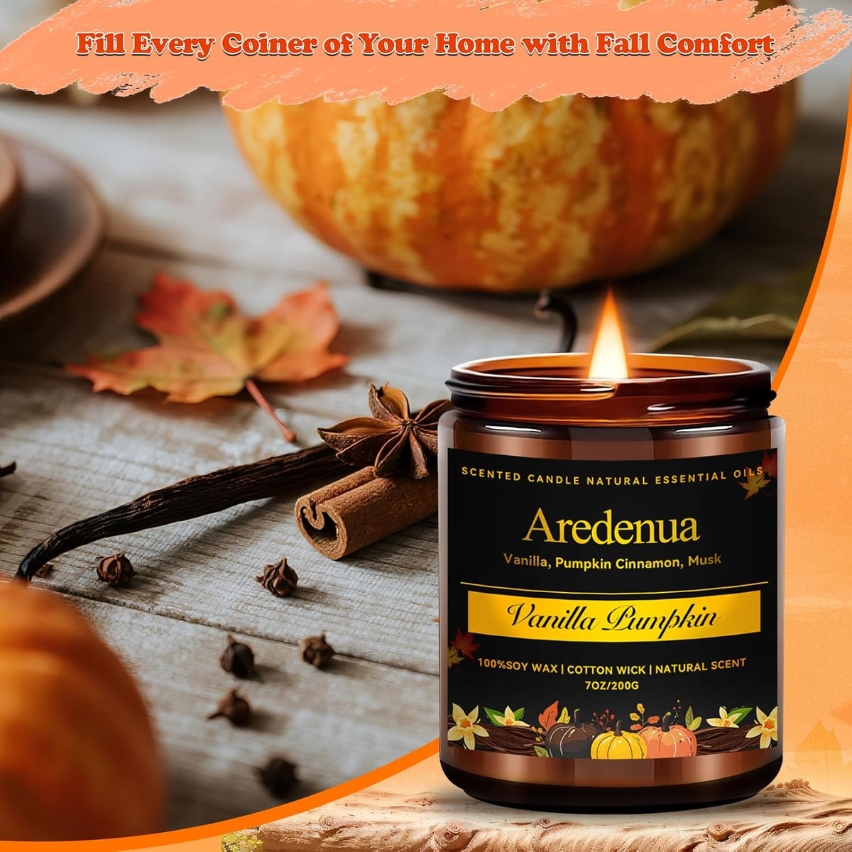 Fall Candle | Vanilla Pumpkin Scented Candle - Scented Candles for Autumn, 7oz Autumn Soy Candles