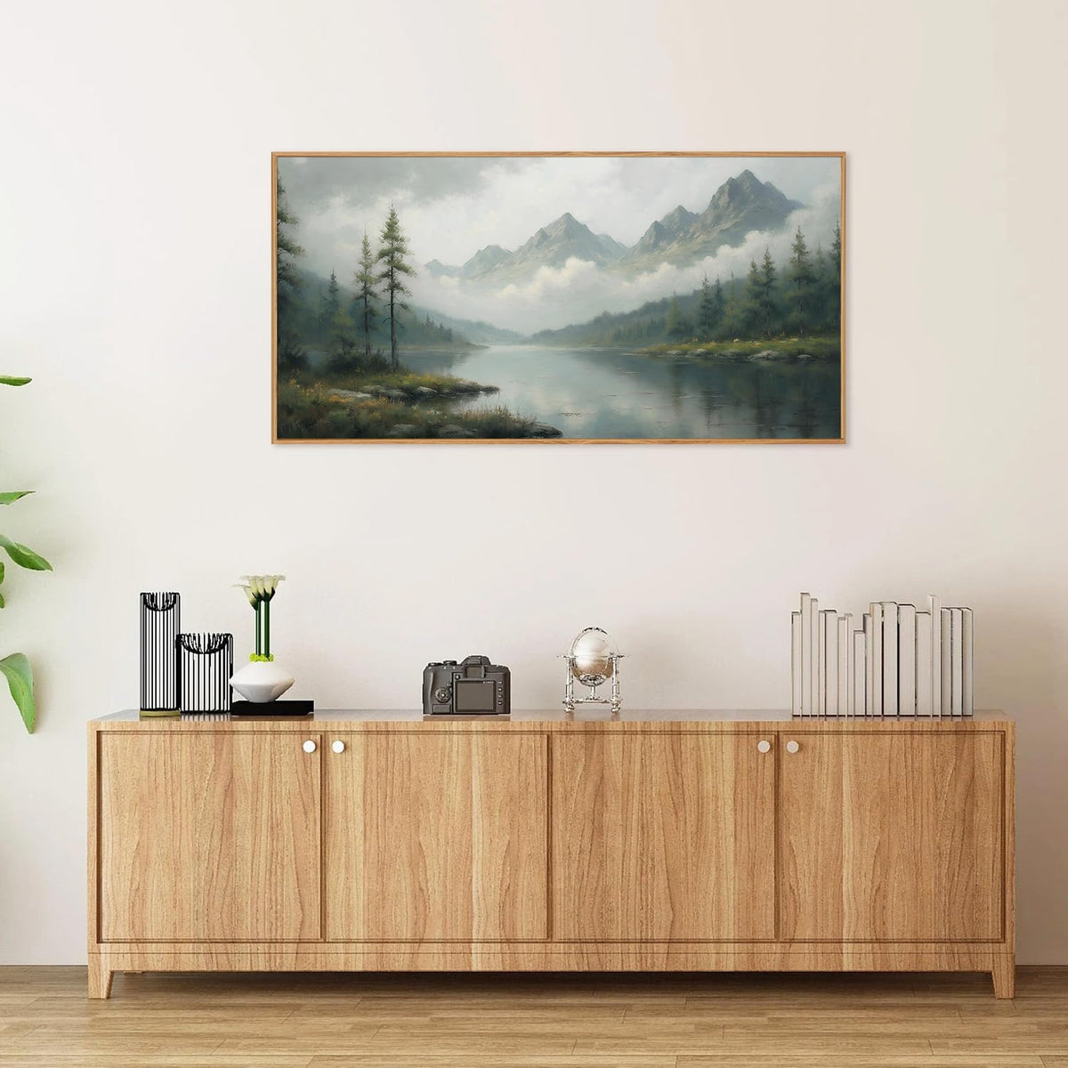 SIGNINART Large Misty Mountain Framed Canvas Wall Art, Green Forest River Scenery Wall Decor