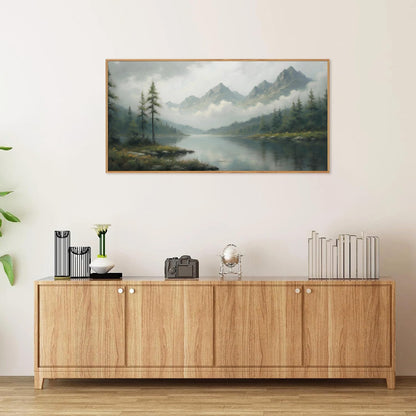 SIGNINART Large Misty Mountain Framed Canvas Wall Art, Green Forest River Scenery Wall Decor