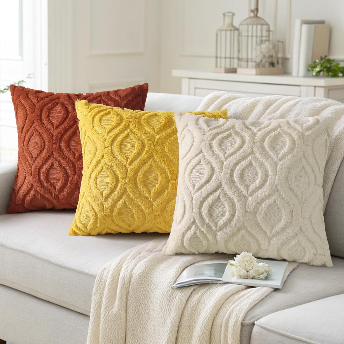 decorUhome Throw Pillow Covers 20x20 Inch Set of 2, Soft Plush Decorative Faux Fur Mustard Yellow