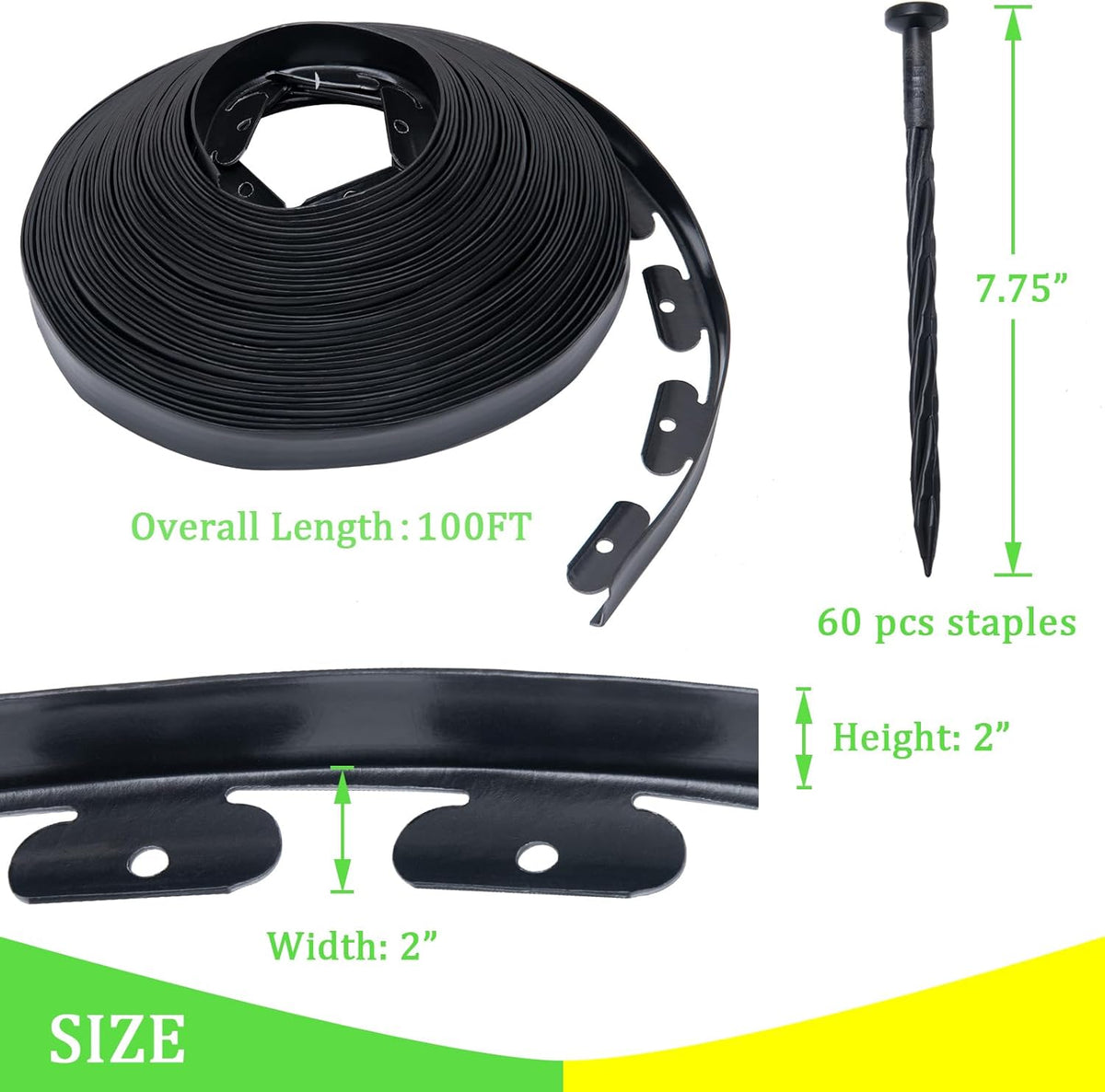Landscape Edging 2 Inch Tall 100 FT, Garden Edging Border with 5 Pcs Connectors and 60 Pcs