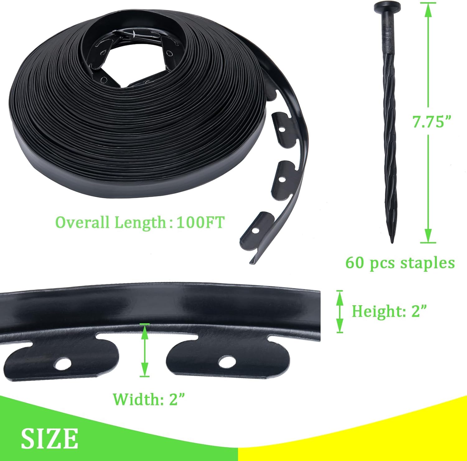 Landscape Edging 2 Inch Tall 100 FT, Garden Edging Border with 5 Pcs Connectors and 60 Pcs