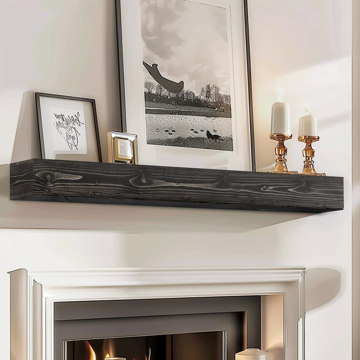 48x8x5 Fireplace Mantel - Handcrafted Hollow Rustic Solid Wood Wall Mounted Floating Shelf with