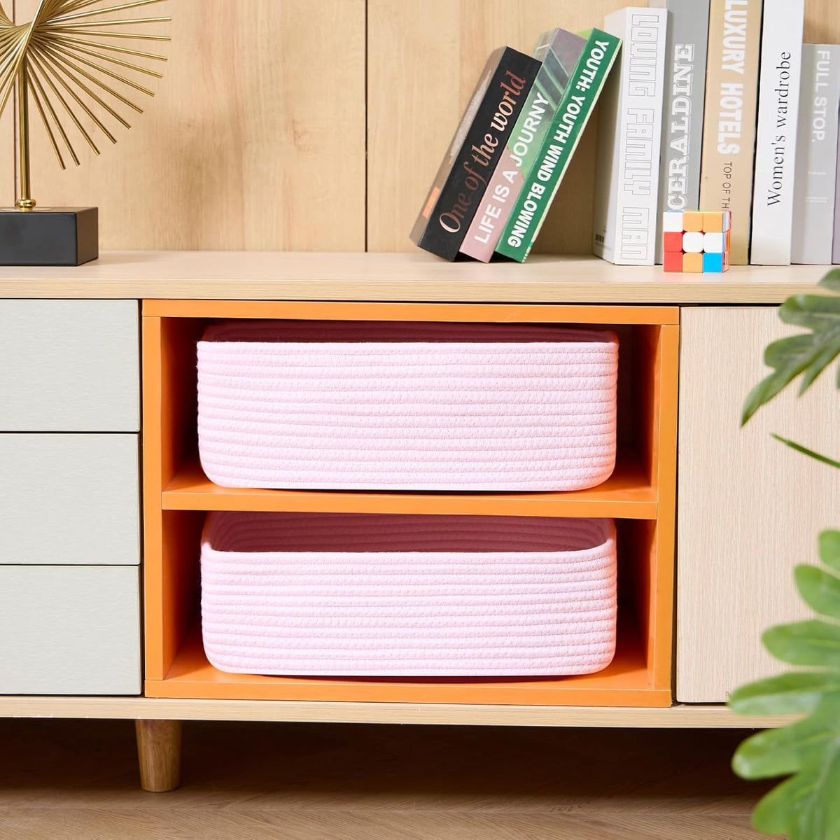 Large Shallow Organizing Baskets 15x11x5.1 Inches - Rope Woven Storage Bins for Bathroom, Shelves