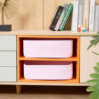 Large Shallow Organizing Baskets 15x11x5.1 Inches - Rope Woven Storage Bins for Bathroom, Shelves