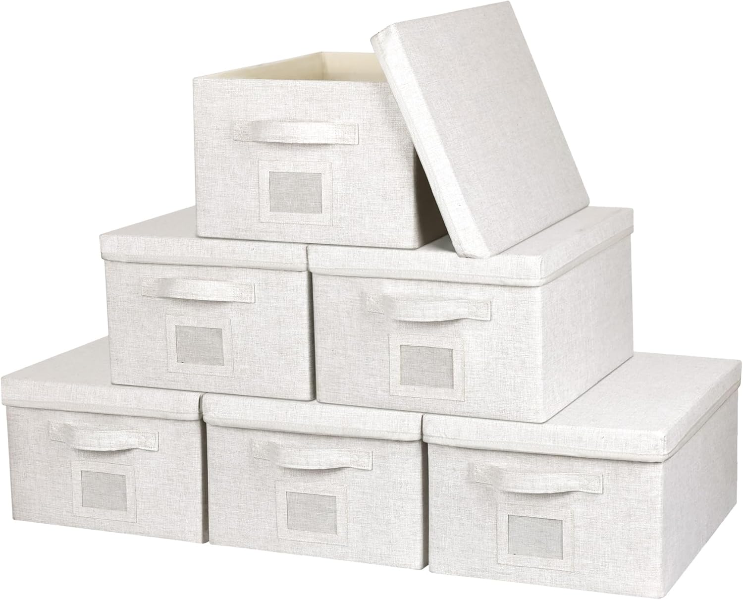 Large 17''x12'' Quart Collapsible Stackable Storage Bins with Lids, 6 Packs Off White Fabric Closet