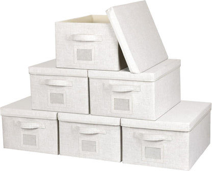 Large 17''x12'' Quart Collapsible Stackable Storage Bins with Lids, 6 Packs Off White Fabric Closet