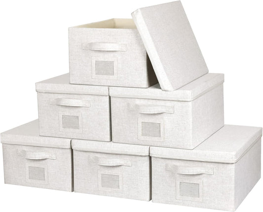 Large 17''x12'' Quart Collapsible Stackable Storage Bins with Lids, 6 Packs Off White Fabric Closet