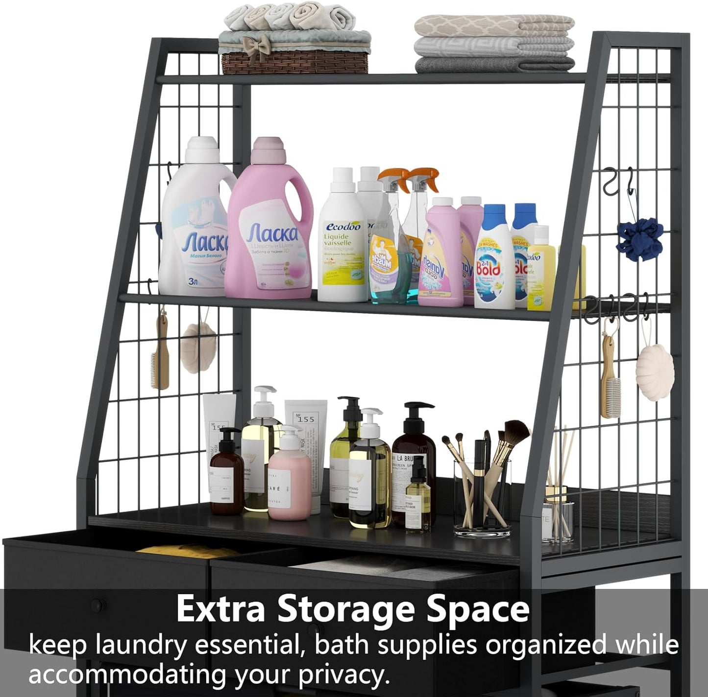 Laundry Hamper Laundry Basket with 3 Section Pull-Out Rolling Bags & 2-Tier Storage Shelf, Laundry