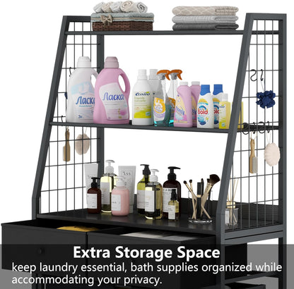 Laundry Hamper Laundry Basket with 3 Section Pull-Out Rolling Bags & 2-Tier Storage Shelf, Laundry