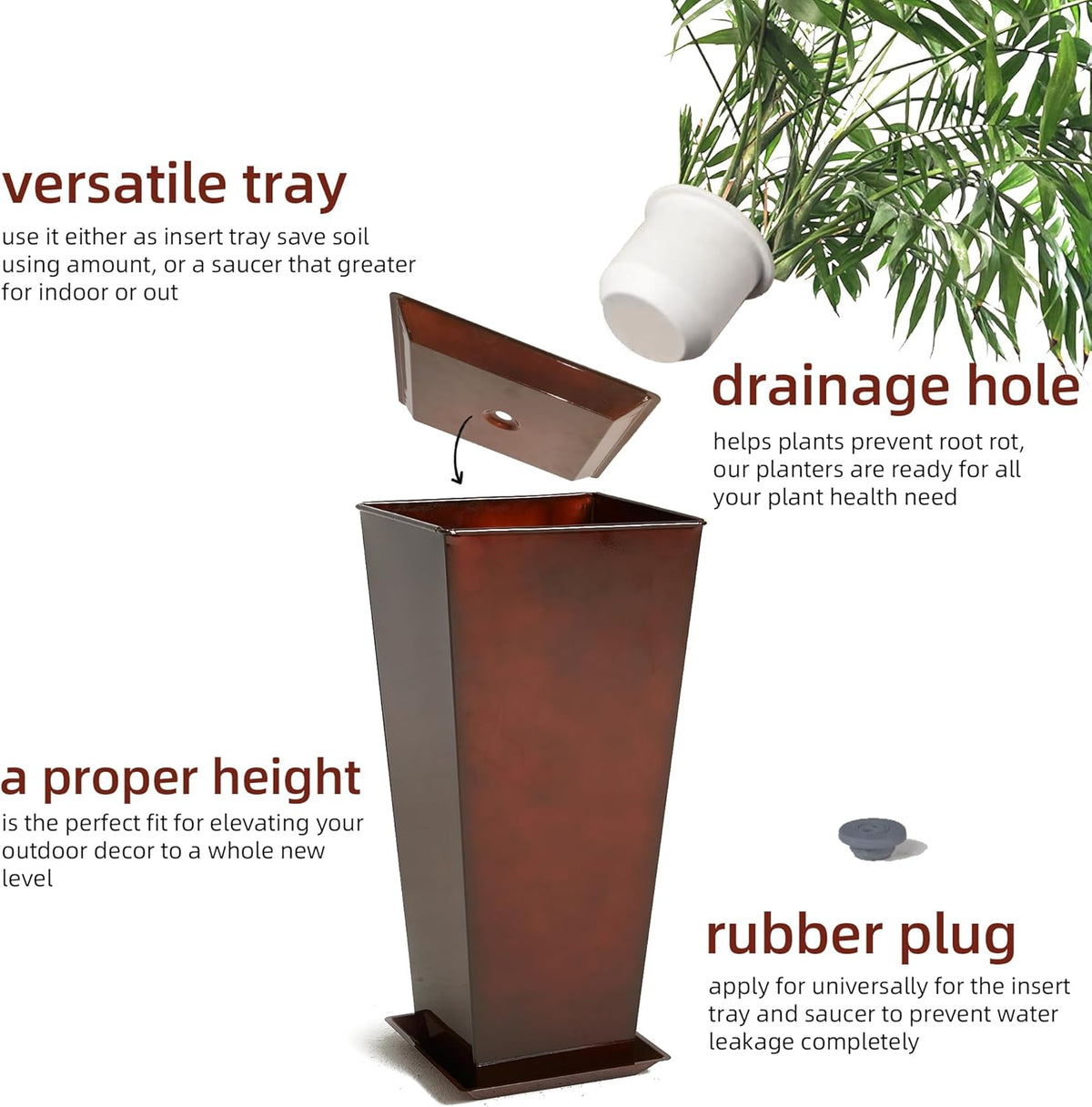 KOL 25''H. Galvanized Steel Planter with Saucer, Tall Glazed Planter Pots for Indoor & Outdoor Use