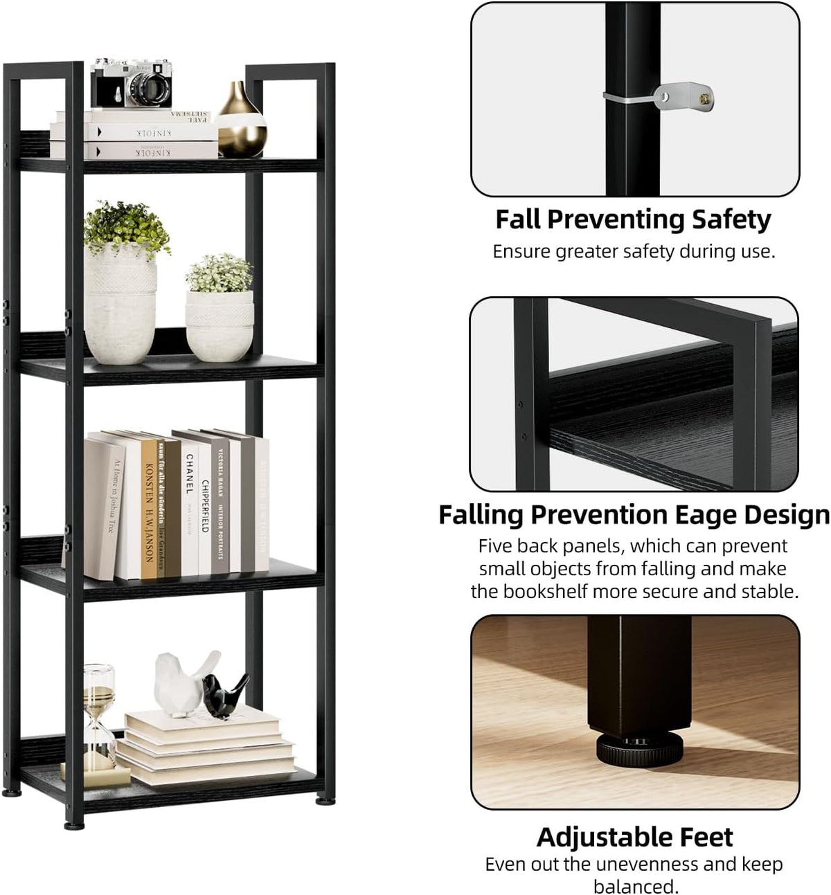 NUMENN Narrow Bookshelf, 4 Tier Bookshelves, Home Office Bookcase Shelf Storage Organizer, Free