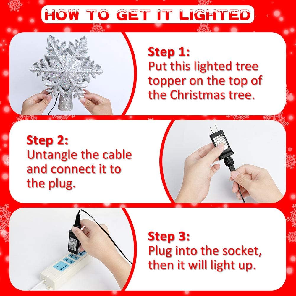 OurWarm Christmas Tree Topper Lighted with LED Rotating Silver Snowflake Decorations Projector