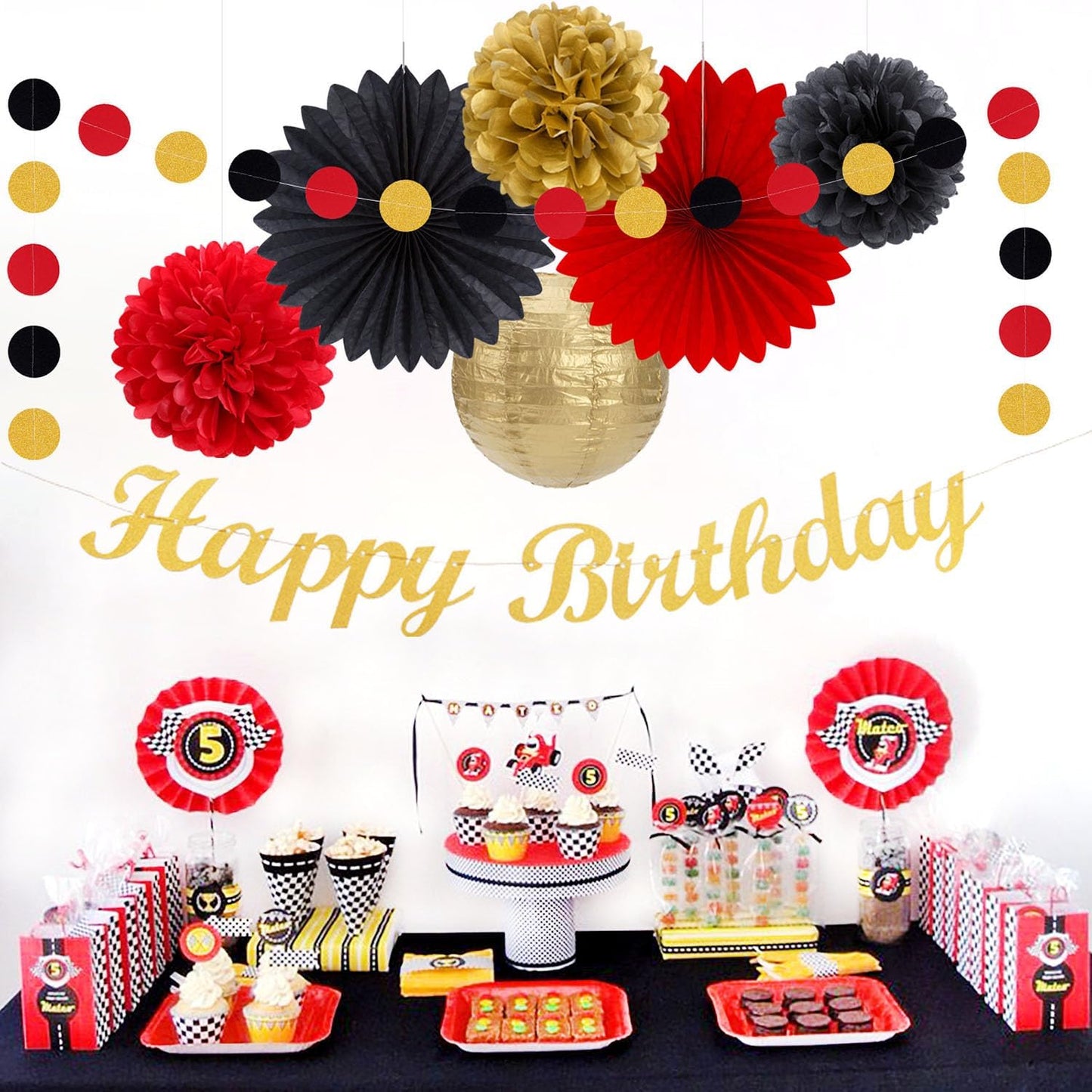 Red-Black Gold Casino-Theme Birthday Party-Decorations - 21pcs Happy Banner,Game Night Paper