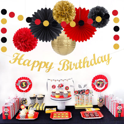 Red-Black Gold Casino-Theme Birthday Party-Decorations - 21pcs Happy Banner,Game Night Paper